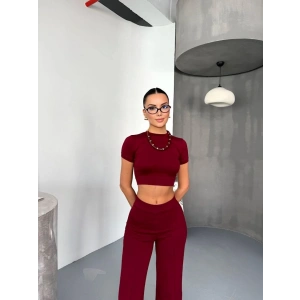 Osy Modal Yumuşak Dokulu Kumaş Kısa Kollu Crop Alt Ispanyol Paça Pantalon Ikili Takım - Bordo