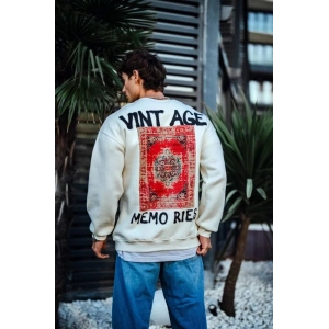 Oversize Bisiklet Yaka Üç İplik Baskılı SweatShirt - Beyaz