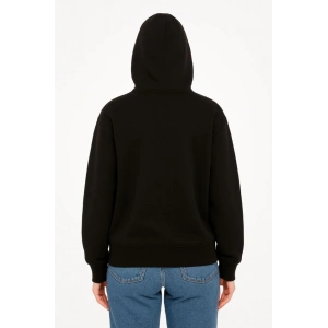 Oversize Kapüşonlu Sweatshirt  Hoodie 3 İplik Şardonlu Pamuklu Kumaş, Önü Baskılı, Fermuarlı Rahat Kalıp, Kışlık Ve Sokak Stili Sweat - Siyah