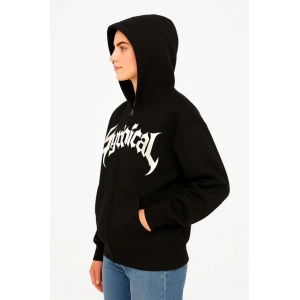 Oversize Kapüşonlu Sweatshirt  Hoodie 3 İplik Şardonlu Pamuklu Kumaş, Önü Baskılı, Fermuarlı Rahat Kalıp, Kışlık Ve Sokak Stili Sweat - Siyah
