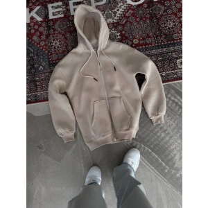 Oversize Tam Fermuarlı Uzun Kol Hırka - Bej