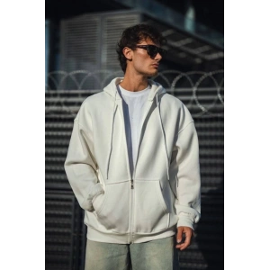 Oversize Tam Fermuarlı Uzun Kol Hırka - Beyaz