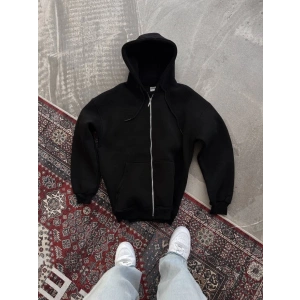 Oversize Tam Fermuarlı Uzun Kol Hırka - Siyah