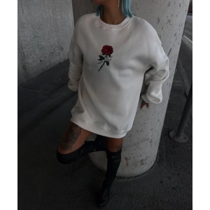 Oversize Üç İplik Bisiklet Yaka Baskılı SweatShirt - Beyaz