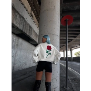 Oversize Üç İplik Bisiklet Yaka Baskılı SweatShirt - Beyaz