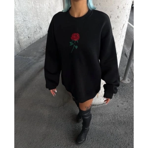 Oversize Üç İplik Bisiklet Yaka Baskılı SweatShirt - Siyah