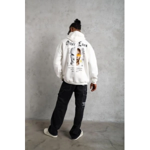Oversize Üç İplik Şardonlu Kapüşonlu Sweatshirt – Beyaz “Other Lives” Ön Ve Arka Baskılı, Kanguru Cepli, Ribanalı Rahat Kışlık Model Beyaz
