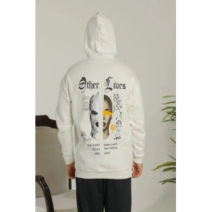 Oversize Üç İplik Şardonlu Kapüşonlu Sweatshirt – Beyaz “Other Lives” Ön Ve Arka Baskılı, Kanguru Cepli, Ribanalı Rahat Kışlık Model Beyaz