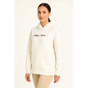 Oversize Üç İplik Şardonlu Kapüşonlu Sweatshirt – Beyaz “Other Lives” Ön Ve Arka Baskılı, Kanguru Cepli, Ribanalı Rahat Kışlık Model Beyaz
