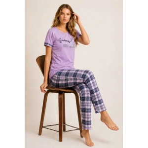 Pamuklu Penye Summer Baskılı Kısa Kollu Pijama Takımı Bisiklet Yaka Ekose Desenli - Lila