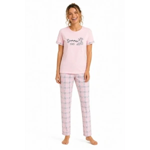 Pamuklu Penye Summer Baskılı Kısa Kollu Pijama Takımı Ekose Desenli - Pembe
