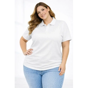 Pike Kumaş Düğmeli Yaka Battal Büyük Beden Günlük Kısa Kol Tişört T-shirt - Beyaz