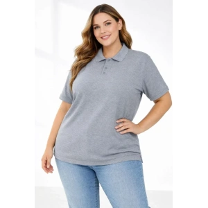 Pike Kumaş Düğmeli Yaka Battal Büyük Beden Günlük Kısa Kol Tişört T-shirt - Gri