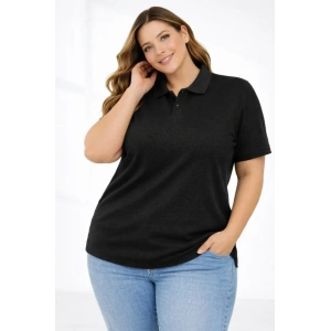 Pike Kumaş Düğmeli Yaka Battal Büyük Beden Günlük Kısa Kol Tişört T-shirt - Siyah