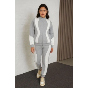 Premium Parçalı Eşofman Takım - Dik Yaka Fermuarlı Sweatshirt - Gri