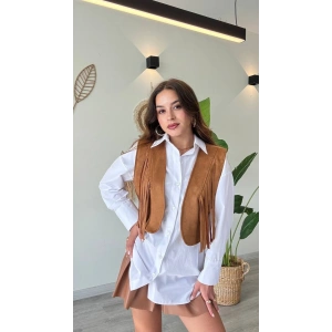 Püskül Detaylı Modern Yelek – Güçlü ve Özgür Stil-Taba - Taba
