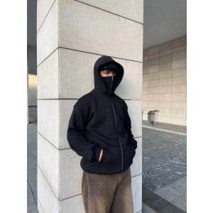 Samuray Ninja Çift Kapşonlu ZIP Fermuarlı Kanguru Çepli Tam Fermuarlı Hoodie Swetshirt - Siyah