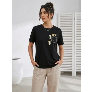 Sevimli Kedi Cep Baskılı Tişört Kısa Kol Yazlık T-Shirt - Siyah