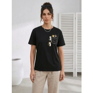 Sevimli Kedi Cep Baskılı Tişört Kısa Kol Yazlık T-Shirt - Siyah