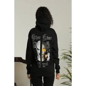 Sırt Baskılı Oversize Üç İplik Kapüşonlu Sweatshirt - Siyah
