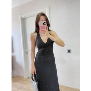 Sırt Dekolteli Uzun Kollu Elbise - Siyah