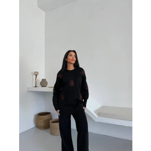 Siyah Ayıcık Desenli Oversize Triko Takım - Siyah