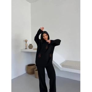 Siyah Ayıcık Desenli Oversize Triko Takım - Siyah
