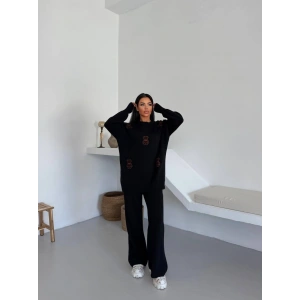 Siyah Ayıcık Desenli Oversize Triko Takım - Siyah
