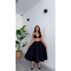 Siyah Yüksek Bel Midi Etek - Siyah