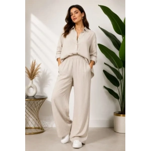 Sofya Keten Gömlek Pantolon Alt Üst Takım Uzun Kollu - Krem