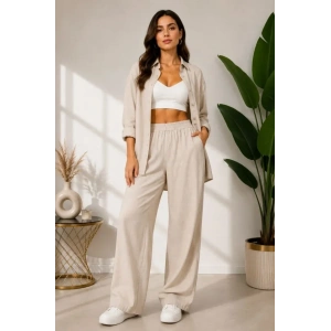 Sofya Keten Gömlek Pantolon Alt Üst Takım Uzun Kollu - Krem