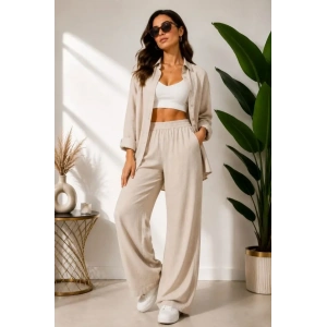 Sofya Keten Gömlek Pantolon Alt Üst Takım Uzun Kollu - Krem
