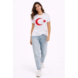 T-Shirt Kısa Kol Bisiklet Yaka Ay Yıldız Bayrak Baskılı Tişört - Beyaz