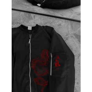 Tam Fermuarlı Uzun Kol Baskılı Bomber Ceket - Siyah