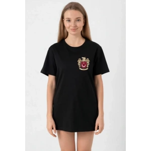 Türk Arma Baskılı Oversize Bisiklet Yaka Günlük T-shirt - Siyah