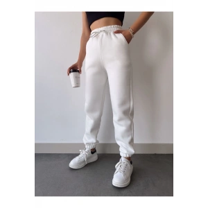 Üç İplik Basic Lastikli Eşofman Pantolon - Beyaz