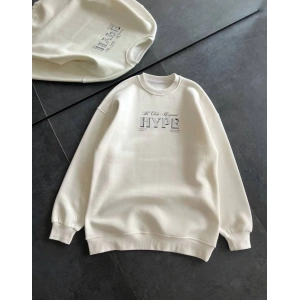 Üç İplik Bisiklet Yaka Baskılı SweatShirt - Beyaz