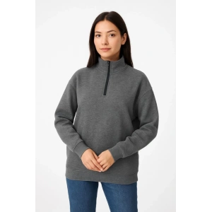 Üç İplik Dık Yaka Yarım Fermuarlı SweatShirt - Antrasit