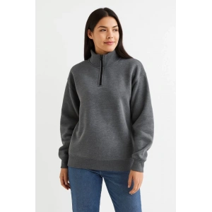 Üç İplik Dık Yaka Yarım Fermuarlı SweatShirt - Antrasit