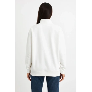 Üç İplik Dık Yaka Yarım Fermuarlı SweatShirt - Beyaz