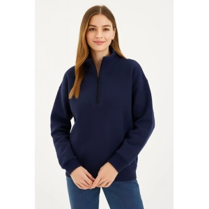 Üç İplik Dık Yaka Yarım Fermuarlı SweatShirt - Lacivert