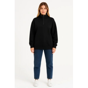 Üç İplik Dık Yaka Yarım Fermuarlı SweatShirt - Siyah