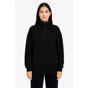 Üç İplik Dık Yaka Yarım Fermuarlı SweatShirt - Siyah