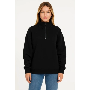Üç İplik Dık Yaka Yarım Fermuarlı SweatShirt - Siyah