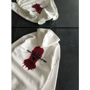 Üç İplik Kapşonlu Baskılı Oversize SweatShirt- Beyaz