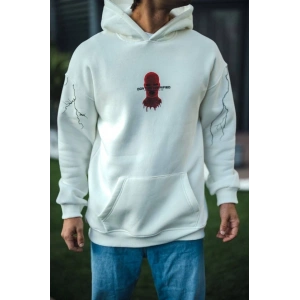 Üç İplik Kapşonlu Baskılı Oversize SweatShirt- Beyaz
