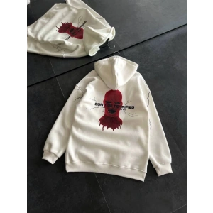Üç İplik Kapşonlu Baskılı Oversize SweatShirt- Beyaz