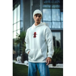 Üç İplik Kapşonlu Baskılı Oversize SweatShirt- Beyaz