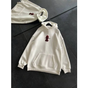 Üç İplik Kapşonlu Baskılı Oversize SweatShirt- Beyaz