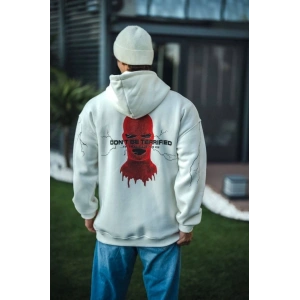 Üç İplik Kapşonlu Baskılı Oversize SweatShirt- Beyaz